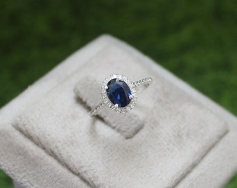 Blue Sapphire Statement Ring, 6*8 mm Genuine Lab Grown Sapphire Ring, September Birthstone, Anniversary Gift, Gift For Her