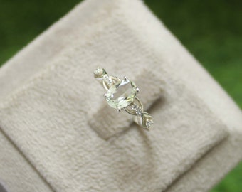 Green Amethyst Ring: Sterling Silver, CZ Diamond Accents