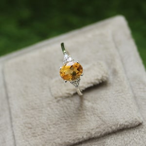 Natural Citrine Ring: Oval Gemstone, CZ Diamond, 925 Sterling Silver