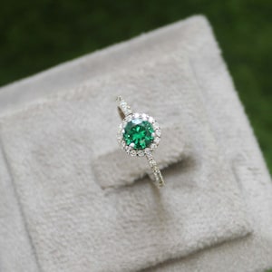 Lab Emerald Ring: Sterling Silver CZ Halo, May Birthstone