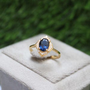 Handmade Gold Plated Sterling Silver Ring: Oval Blue Sapphire, CZ Diamond