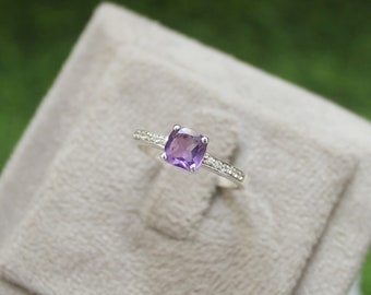 Handmade Amethyst Ring: 925 Sterling Silver, Cushion Cut Gemstone