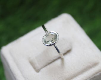 Green Amethyst Engagement Ring, Oval Sterling Silver Ring, February Birthstone