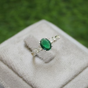 Lab Emerald Sterling Silver Ring: Oval Green Gemstone, CZ Diamond