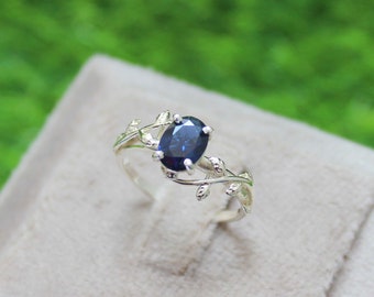 Vintage Saphir Ring, blauer Edelstein Ehering, Silberring im Ovalschliff, handgemachter Schmuck, Geschenk für sie