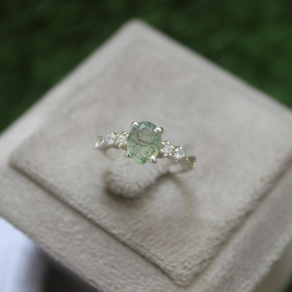 Moss Agate Engagement Ring, Vine Sterling Silver, Nature Inspired