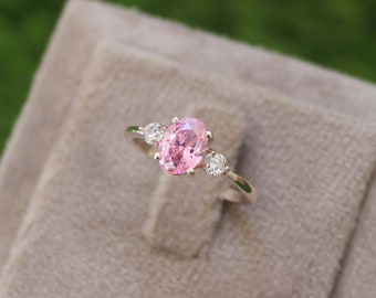 Handmade pink sapphire anniversary ring, pink stone, oval shaped, sterling silver, September birthstone