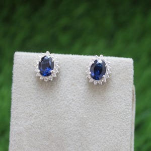 Oval Lab Sapphire Stud Earrings: Sterling Silver Halo, September Birthstone