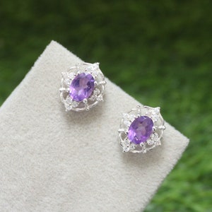Handmade Amethyst Stud Earrings: Sterling Silver, CZ Diamond, February Birthstone