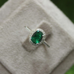 Lab Emerald Engagement Ring: Oval Gemstone, CZ Diamond, Sterling Silver