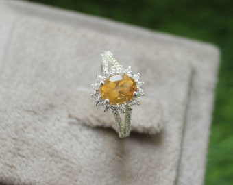Oval Citrine Ring: Handmade 925 Sterling Silver, CZ Diamond Halo