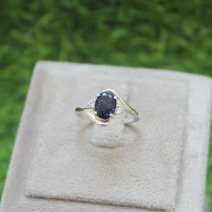 Handmade Galaxy Blue Sandstone Ring: Art Deco Promise Ring