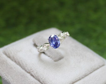 Handmade Lab Tanzanite Sterling Silver Engagement Ring, CZ Diamond Accents