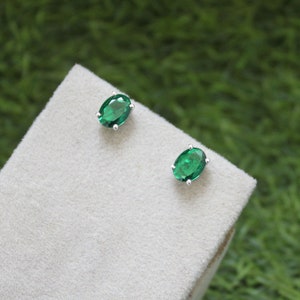 Oval Lab Emerald Stud Earrings: Handmade 925 Sterling Silver