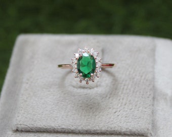 Oval Emerald Ring: Rose Gold 925 Silver, May Birthstone