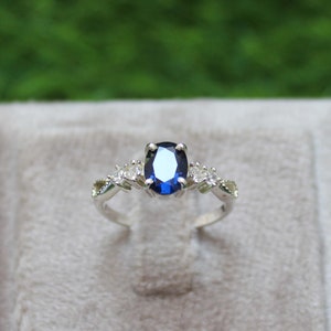 Oval Cut Blue Sapphire Ring Vintage 925 Sterling Silver Blue Engagement Ring Unique Anniversary Ring September Birthstone Birthday Gift