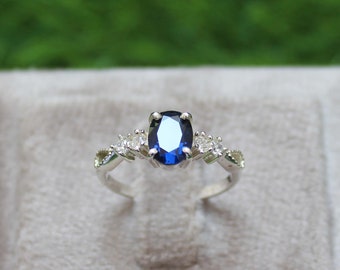 Ovaal geslepen blauwe saffier ring Vintage sterling zilver blauwe verlovingsring unieke jubileumring september Birthstone verjaardagscadeau