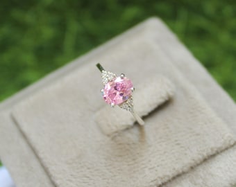 1.2 Carats Lab Grown Pink Sapphire Ring, Oval 8X6mm Pink Sapphire Halo Cocktail Ring, Princess Diana Engagement Ring