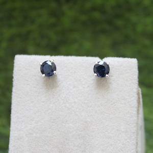 Op de afbeelding: Een paar zilveren oorbel studs met donkerblauwe ronde edelstenen.