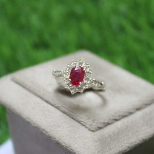 Vintage Sterling Silver Oval Ruby Ring, CZ Diamond Halo