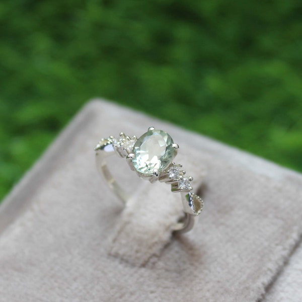 Green amethyst ring, halo engagement ring, oval cut, sterling silver green amethyst,  oval green amethyst