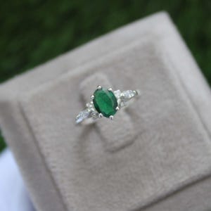 Oval Lab Emerald Engagement Ring: Sterling Silver CZ Diamond Bridal Ring