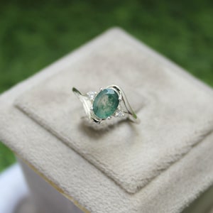 Natural Moss Agate Ring- Sterling Silver Ring- Genuine Moss Agate Engagement Ring- Twisted Vine Promise Ring- May Birthstone- Oval Cut