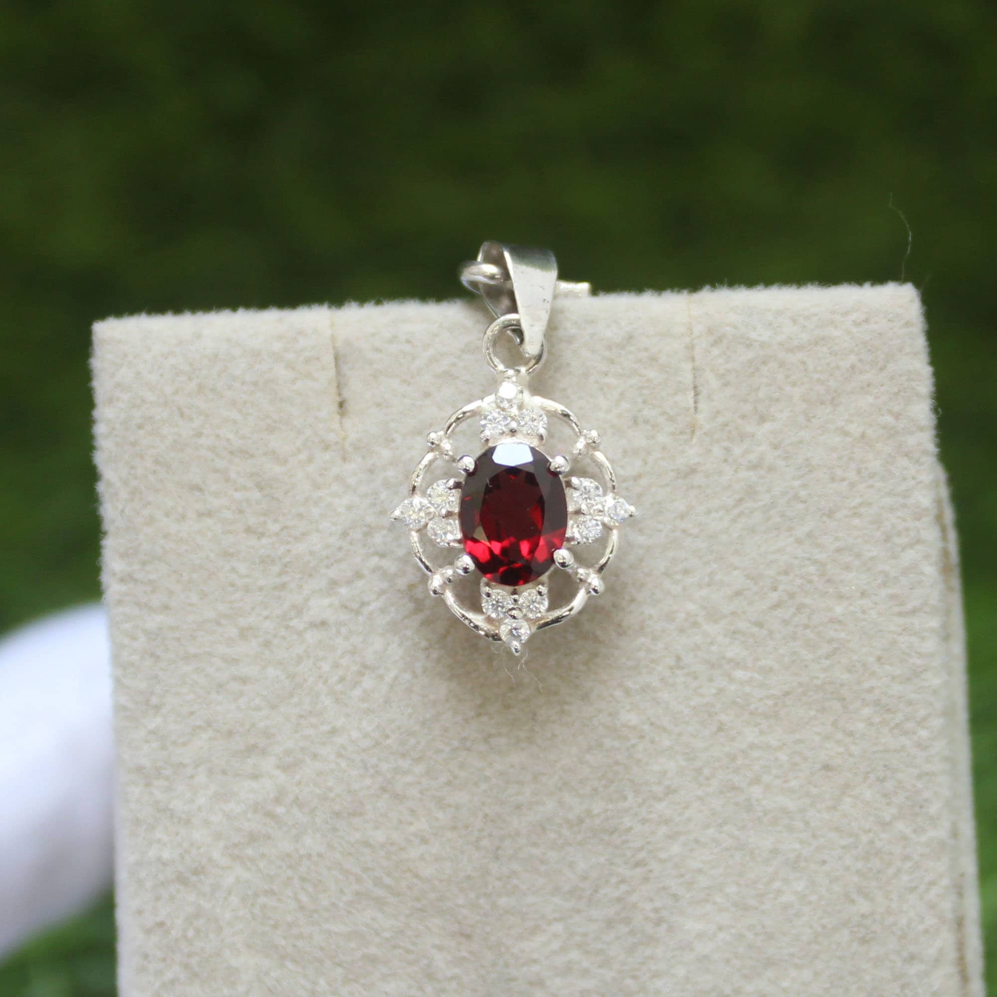 Handmade Red Garnet Pendant: 925 Sterling Silver Necklace