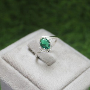Handmade Sterling Silver Lab Emerald Ring: CZ Diamond Accent