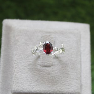 Dainty Red Garnet Ring Oval Cut Engagement Ring Sterling Silver Ring Unique Art Deco Wedding Ring Promise Anniversary Ring