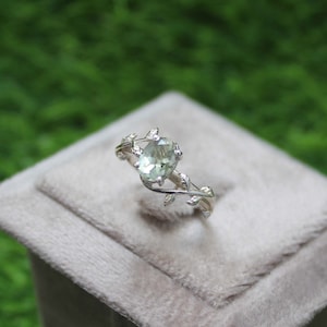 Bague améthyste verte ovale en argent sterling faite main, anneau feuille inspiré de la nature
