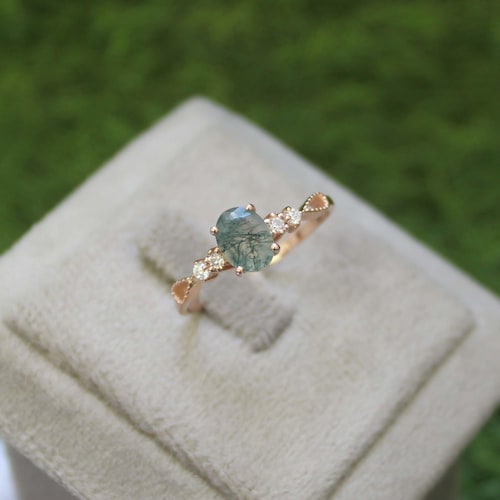 Bague de fiançailles ovale en agate mousse, bague inspirée de la nature vigne en or rose, argent sterling CZ