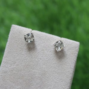 Green Amethyst Stud Earrings: Sterling Silver Cushion Cut Gemstone