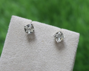 Green Amethyst Stud Earrings: Sterling Silver Cushion Cut Gemstone