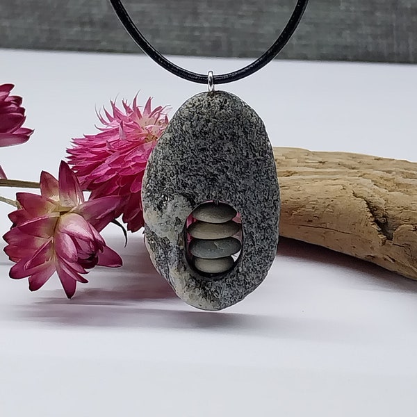 Wishing Stone Pendant Necklace.Striped Sea Stone Jewelry.Sea Rock Pendant With Leather Cord.