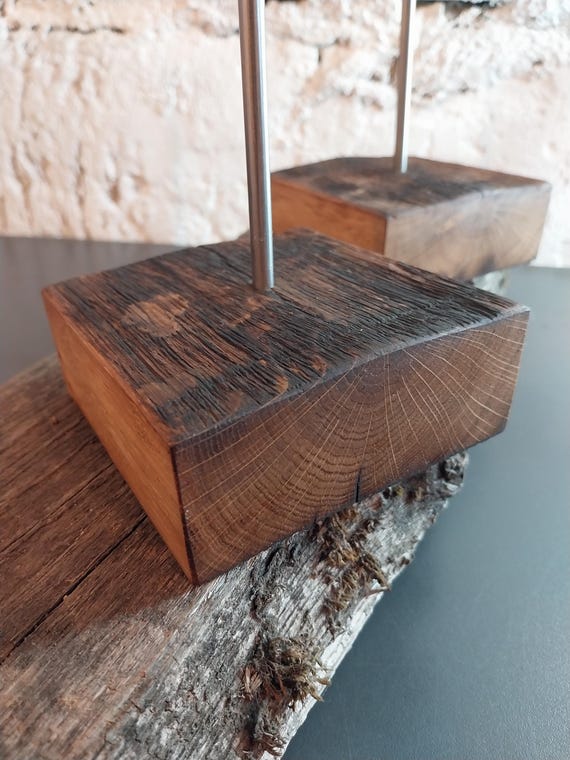 Wooden Base For Sculpture.Natural Old Oak Wood Art Object Stand 10x10x4 cm.Wooden Base With Stainless Steel Rod.
