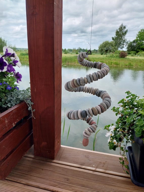 Sea Stone Garden Art.Rock Garden Decor.Beach Stone Spiral Decor.Yard Art.Rustic Beach Stone Art.Natural Stone And Stainless Steel Art