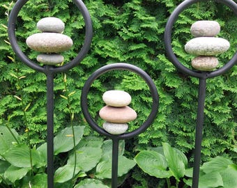 Metal Garden Stake.Plant Stake.Sea Stone And Steel Yard Art.Metal Garden Sculpture.Outdoor Garden Art.Sea Rock Garden Decor.Stacking Stones
