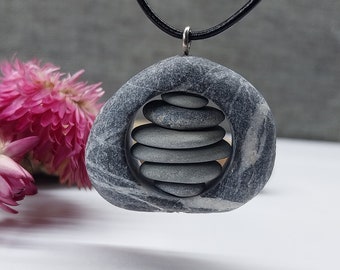 Wishing Stone Pendant Necklace.Striped Beach Stone Jewelry.Sea Rock Pendant With Black Leather Cord.