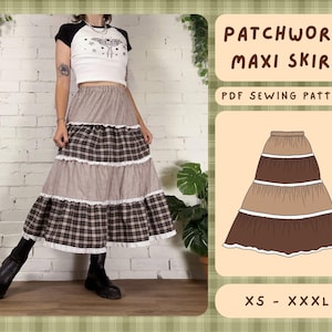 May include: A patchwork maxi skirt in brown and tan gingham and plaid patterns, with white lace trim. The skirt is shown on a person and a diagram is included. The text on the image reads "PATCHWORK MAXI SKIRT" and "PDF SEWING PATTERN".