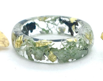 LICHEN Resin Ring, Real Moss Resin Ring, Terrarium Jewelry, gold leaf pressed flower nature ring cottagecore goblin core jewelry clothing
