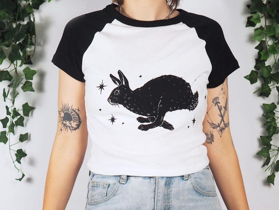 Hand Printed Bunny Baby Tee, y2k Linocut Shirt, Lino Print Shirt, Cottagecore Graphic Tshirt, Whimsigoth 90s Vintage Style Raglan Crop Tee