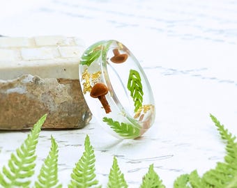 MUSHROOM Resin Ring, moss ring, nature ring, witchy gifts, cottagecore ring, mushroom gifts, mushroom jewelry, forest ring fern ring