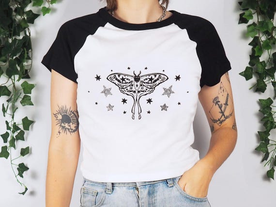 Whimsigoth Moth Shirt, y2k Linocut Baby Tee