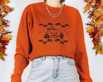 Suéter de abóbora laranja queimado, gola redonda de Halloween estampada à mão, moletom de outono estilo cottagecore, estampa em bloco.
