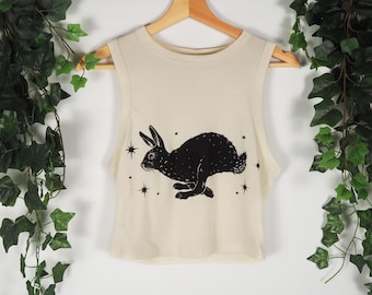 Bunny Tank Top, Rabbit Linoprint Shirt, Handmade Racer Vest, Cottagecore Clothing, Vintage Style Graphic Shirt, Linocut Print
