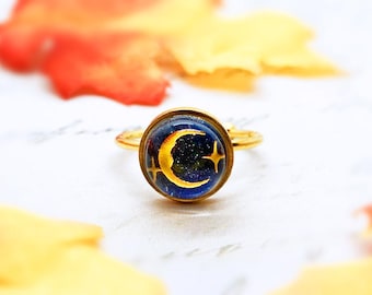 Whimsigoth Ring, Crescent Moon Ring, Celestial Jewelry, Stars & Moon Adjustable Ring, minimalist gold ring, dark academia, goth witchy gifts