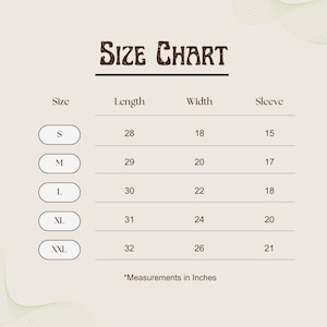 May include: Size chart for a garment with measurements in inches for sizes S, M, L, XL, and XXL. The chart shows the length, width, and sleeve length for each size.