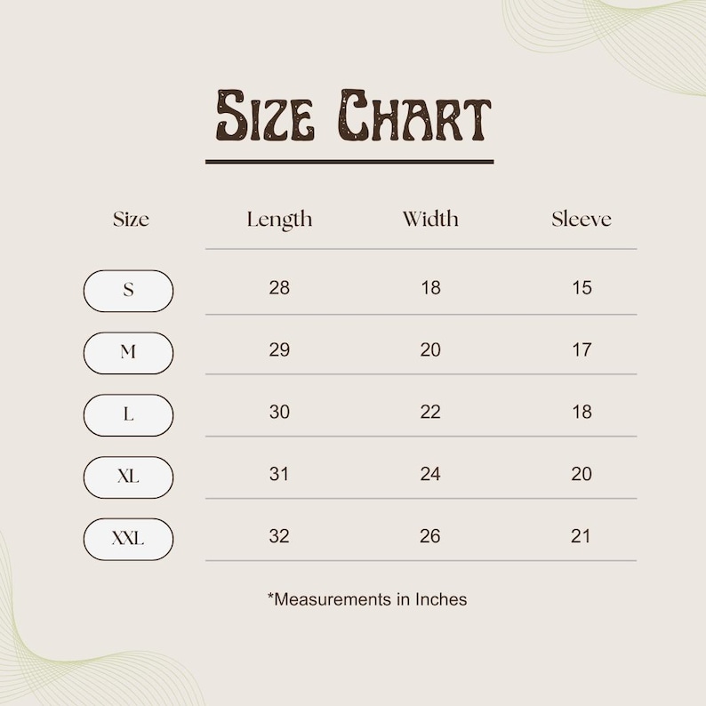 May include: Size chart for a garment with measurements in inches for sizes S, M, L, XL, and XXL. The chart shows the length, width, and sleeve length for each size.