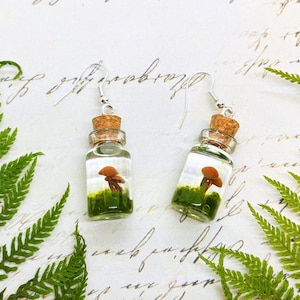 Mushroom Earrings, Jar Earrings, Resin Moss Terrarium Earrings, fairycore earrings whimsigoth jewelry witchy gifts, dark academia goblincore